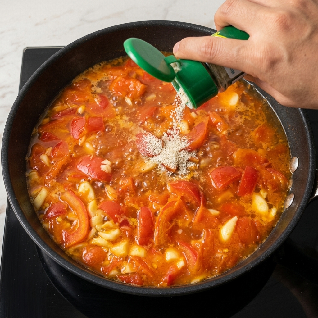 Weißer Pfeffer wird aus einer Streu-Flasche mit grünem Deckel in die köchelnde Tomatensuppe gestreut.