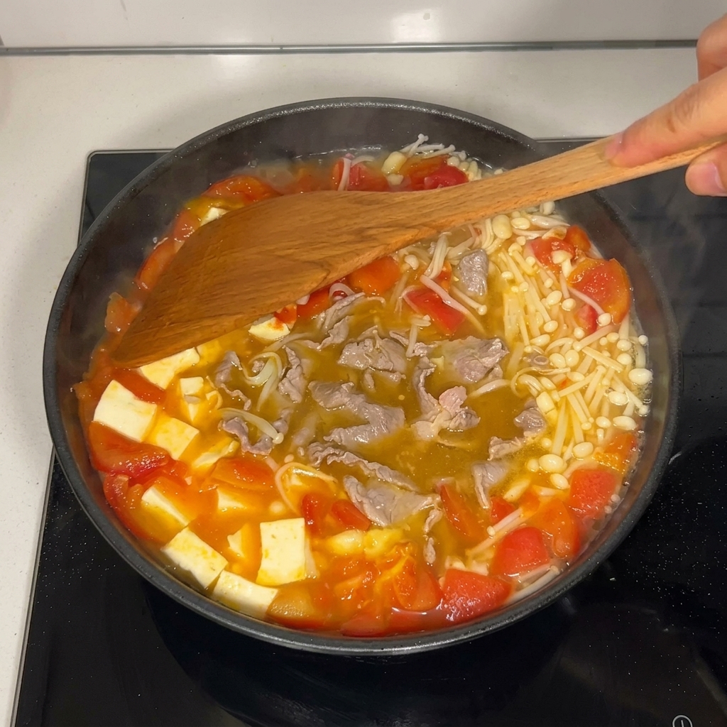 Ein Holzspatel vermengt vorsichtig Rindfleischscheiben, Tofuwürfel und Enoki-Pilze in der sämigen, kochenden Tomatenbrühe.