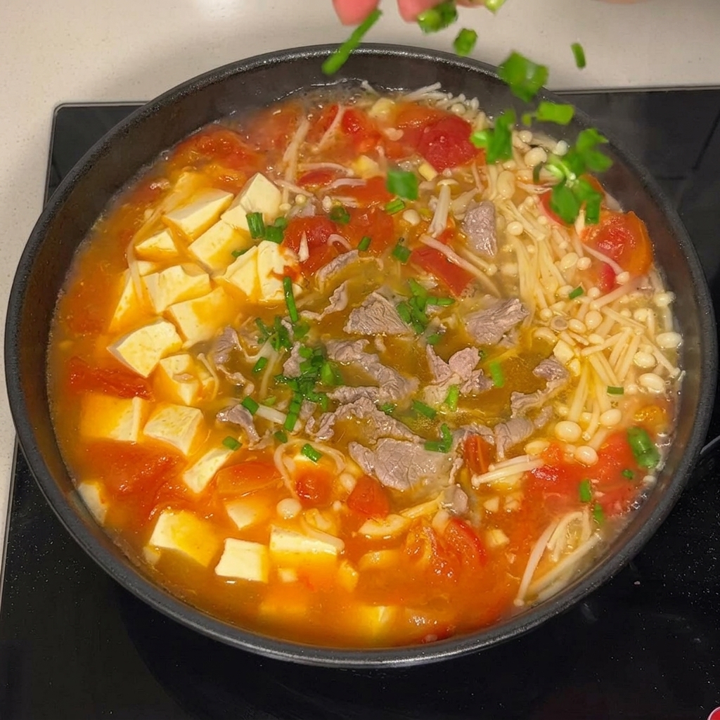 Frisch gehackte grüne Frühlingszwiebeln werden über die kochende Pfanne mit Tomatensuppe, Fleisch, Tofu und Enoki-Pilzen gestreut.