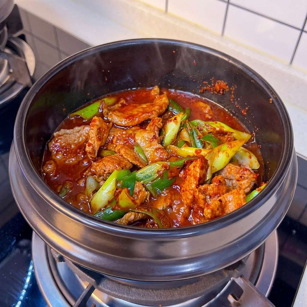 Eine köchelnde rote Brühe mit Rindfleischscheiben und Frühlingszwiebeln in einem schwarzen Tontopf, nachdem Wasser hinzugefügt wurde.