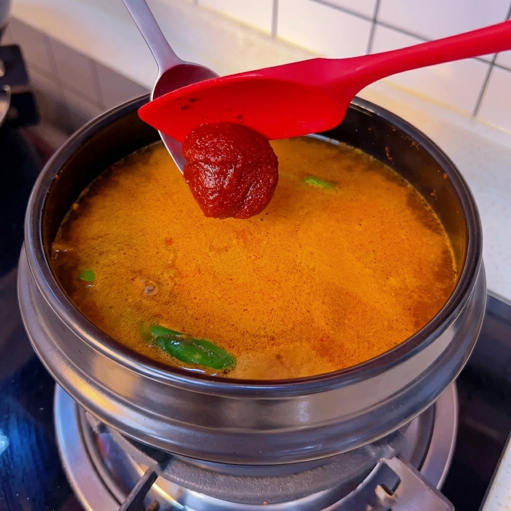 Ein Löffel mit dicker roter koreanischer Chilipaste wird in eine köchelnde orange-rote Brühe getaucht.