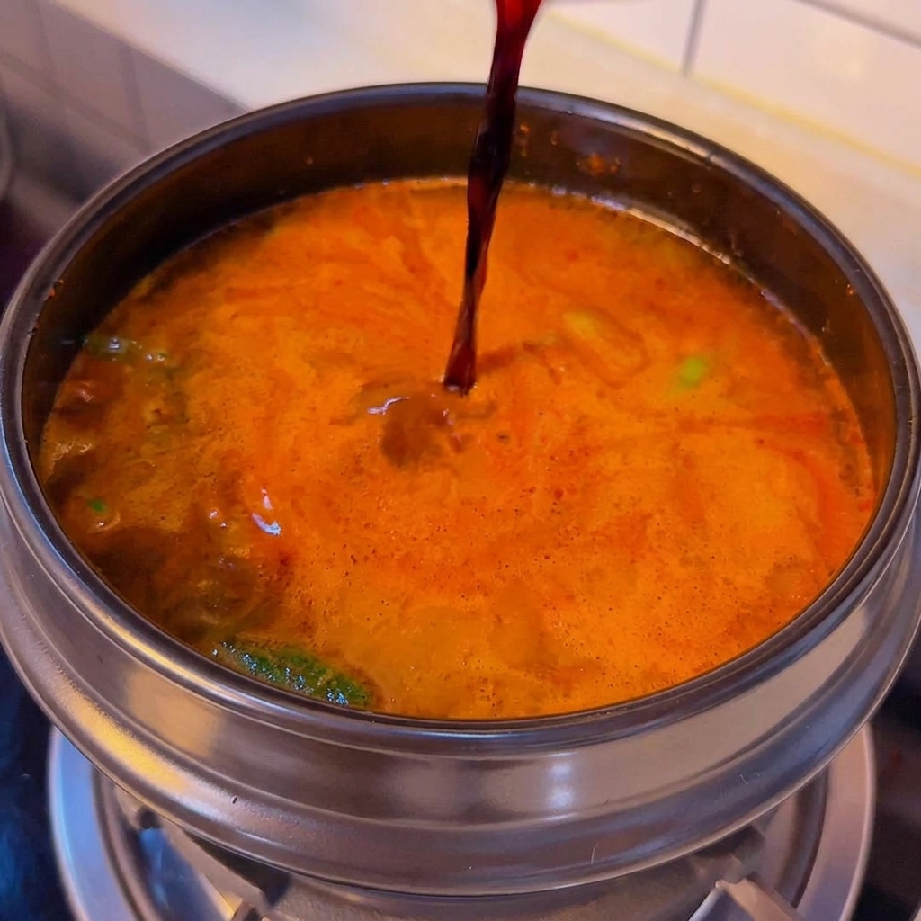 Ein dunkler Strahl heller Sojasauce wird in eine reichhaltige, orange-rote Suppenbasis gegossen, die in einem schwarzen Tontopf blubbert.