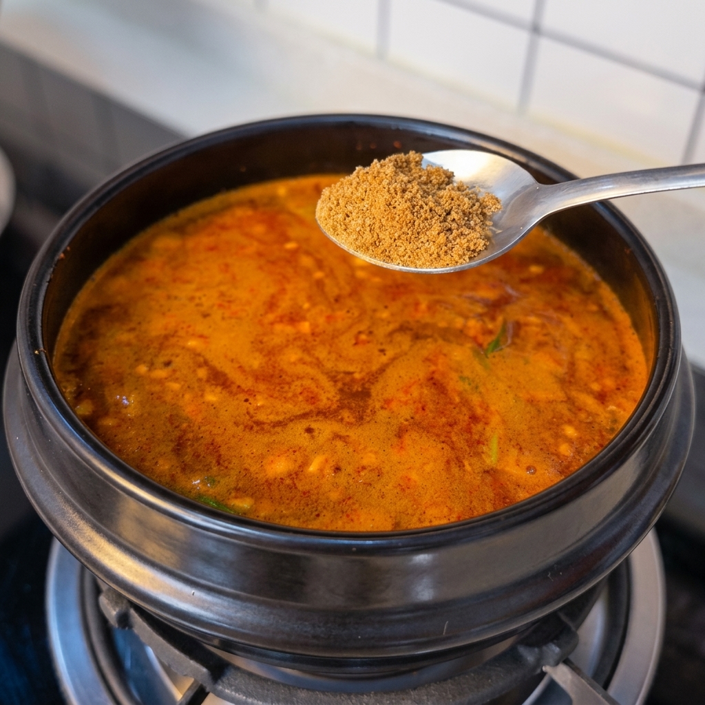 Ein Löffel mit braunem Rindergewürzpulver wird über einen köchelnden Topf mit rotem Eintopf gehalten.