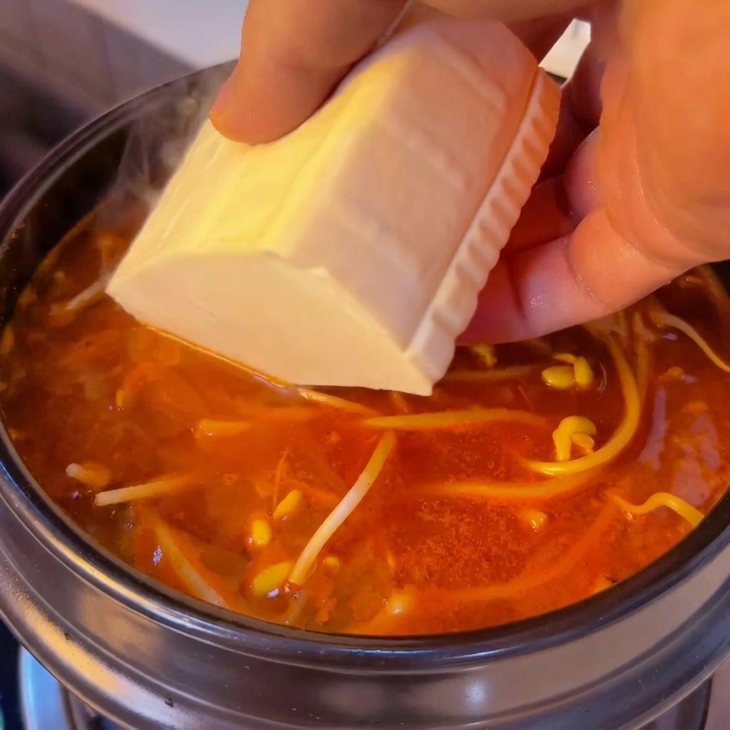 Eine Hand lässt behutsam einen festen Block weißen Seidentofu in einen scharfen roten Eintopf mit Sojasprossen gleiten.