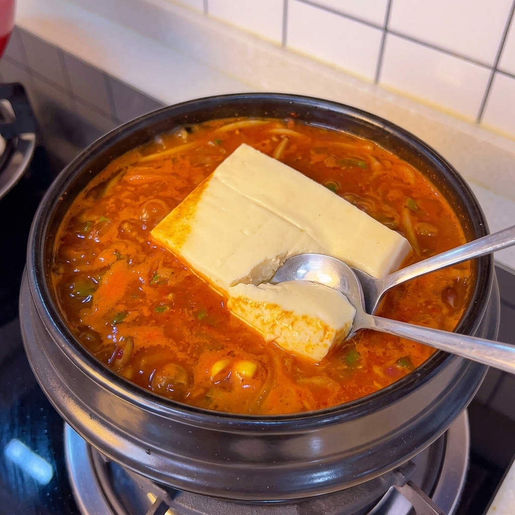 Zwei Metalllöffel zerteilen vorsichtig einen Block Seidentofu in einem kochenden Eintopf.