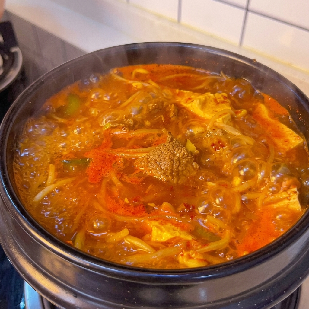Ein feurig roter koreanischer Seidentofu-Eintopf sprudelt kräftig in einem traditionellen schwarzen Tontopf mit sichtbaren Stücken von Rindfleisch, Tofu und Sojasprossen.