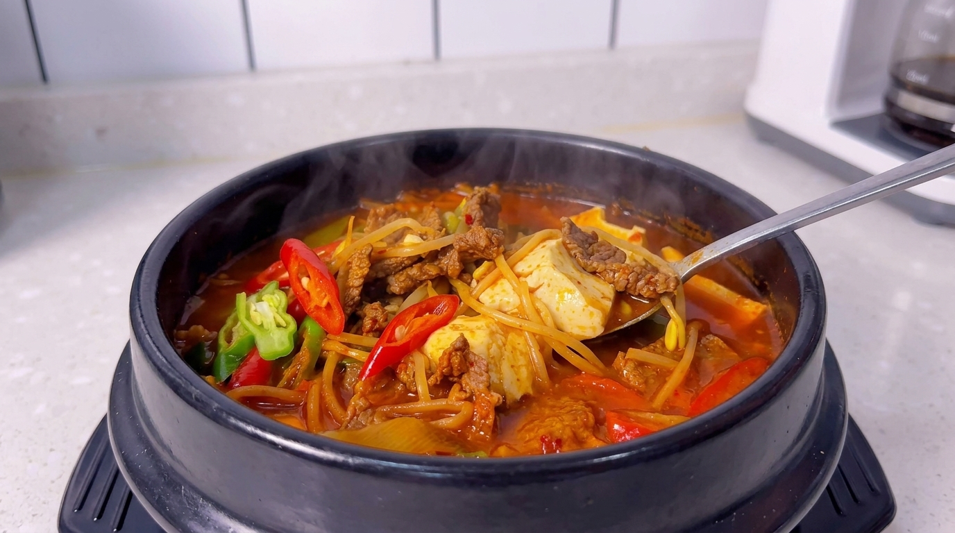 Einfacher koreanischer Seidentofu-Eintopf mit Rindfleisch (Sundubu-Jjigae)