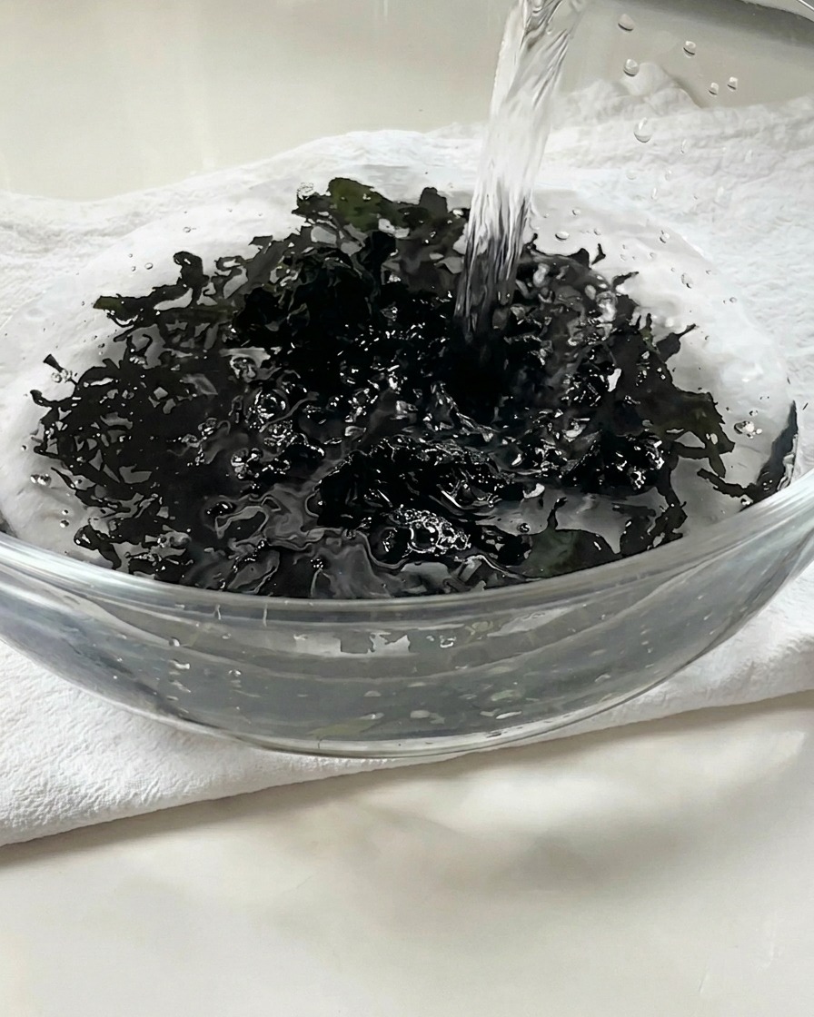 Warmes Wasser wird in einer Glasschüssel über getrocknete schwarze Wakame-Algen gegossen.