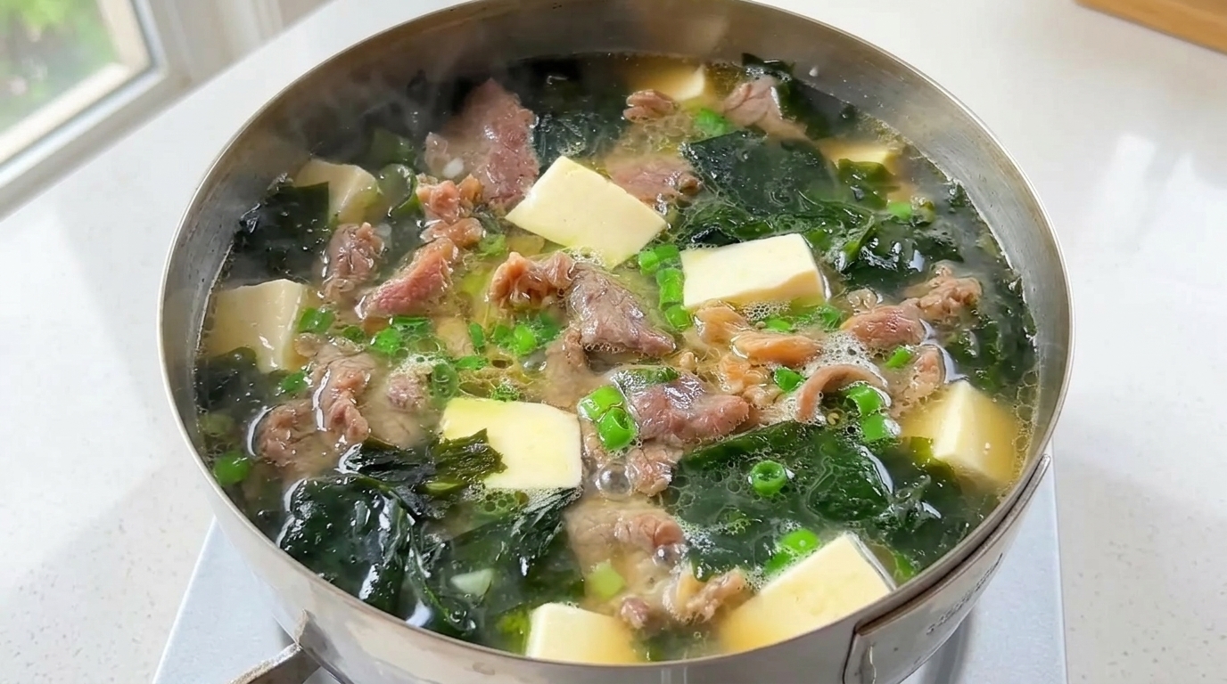 Schnelle Rindfleisch-Tofu-Wakame-Suppe
