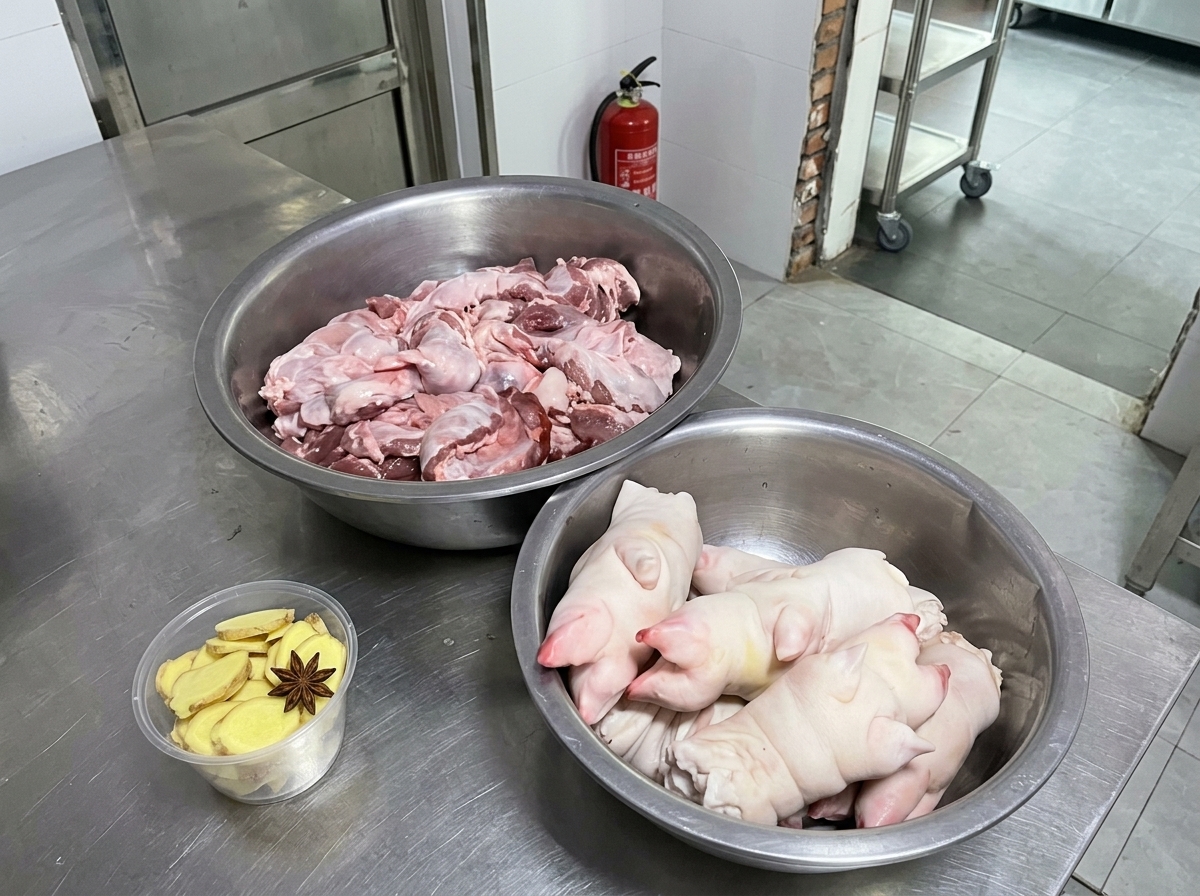 Zwei große Edelstahlschüsseln mit rohen Schweinefüßen und Zwerchfellfleisch neben einem kleinen Becher mit Ingwerscheiben und Sternanis.