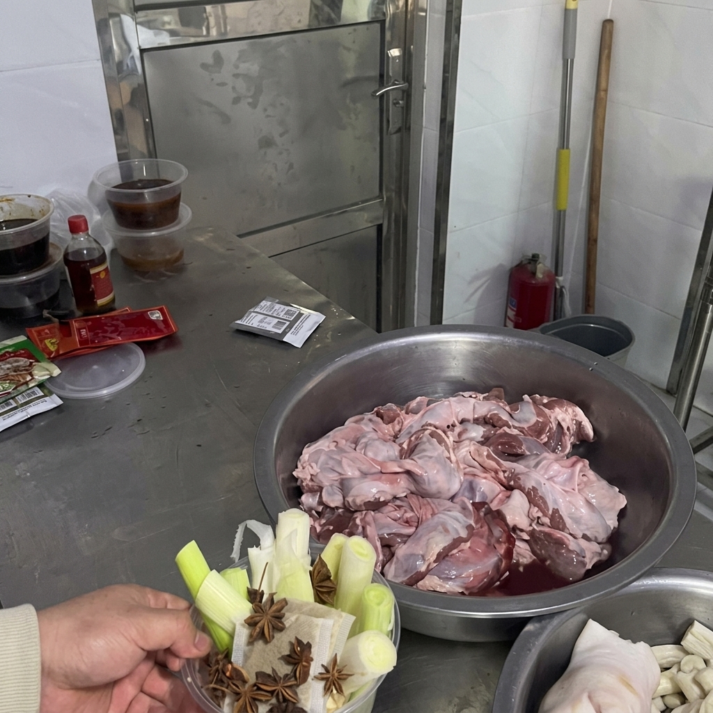 Jemand hält einen durchsichtigen Kunststoffbehälter mit großen Frühlingszwiebelstücken, Ingwerscheiben und Sternanis über einen Küchentisch.