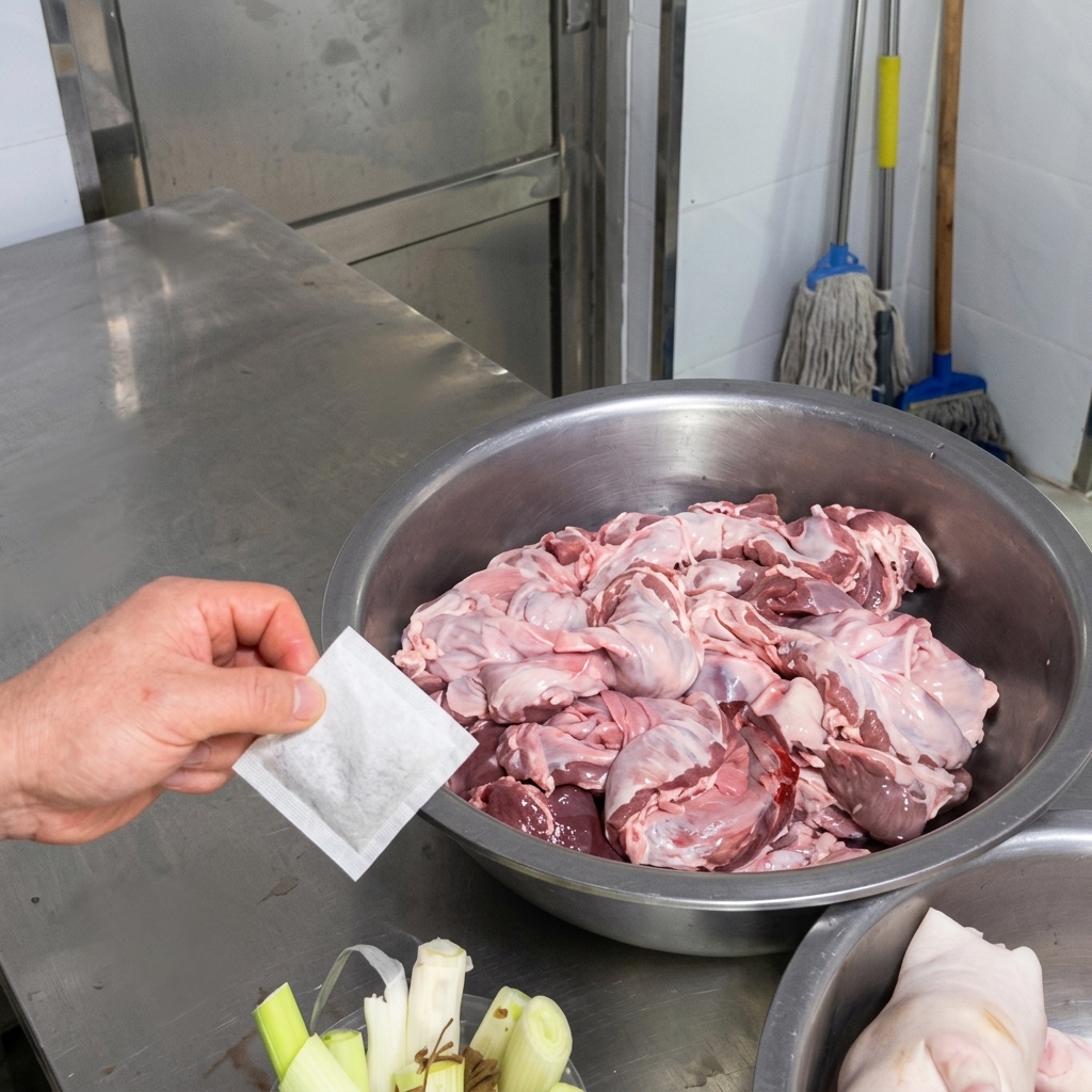Nahaufnahme einer Hand, die einen kleinen weißen Gewürzbeutel über einer Schüssel mit rohem Fleisch hält.