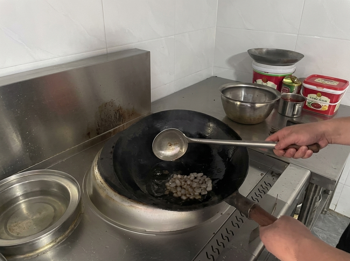 Eine Metallkelle in einem schwarzen Wok mit Öl und Kluntenzuckerstücken auf einem Herd.