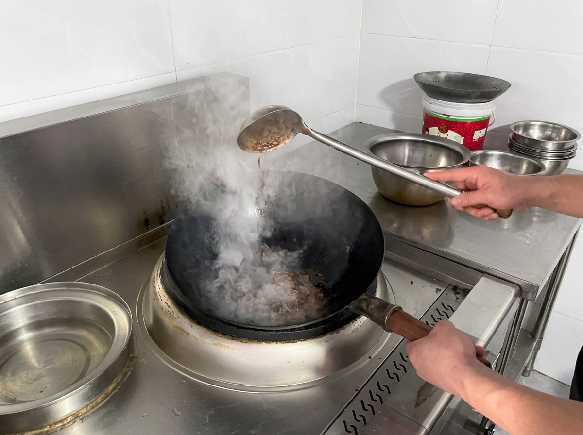 Sprudelnder, dunkel orange-roter Zuckersirup am Boden eines heißen Woks mit aufsteigendem Dampf.