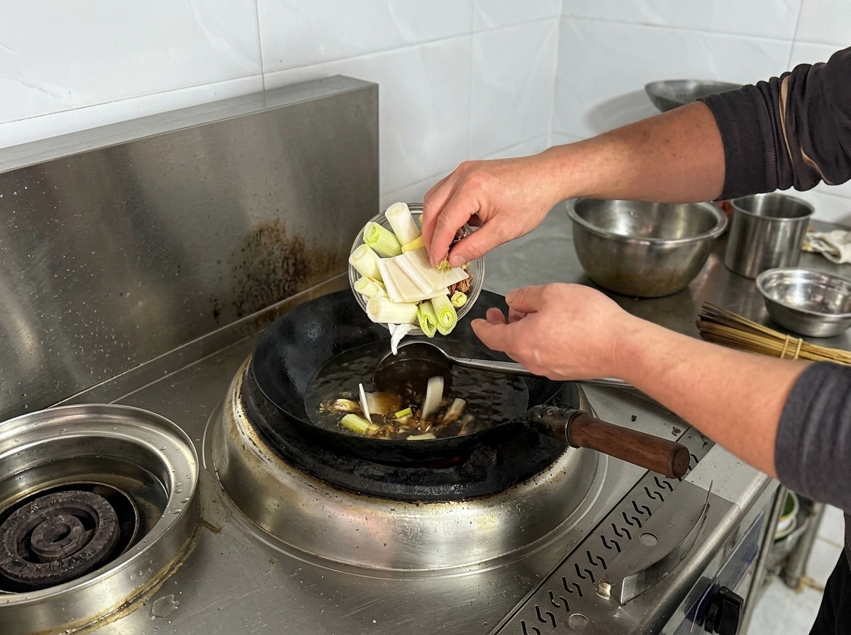 Hände geben Frühlingszwiebeln, Ingwer und Sternanis in die köchelnde dunkle Brühe im Wok.