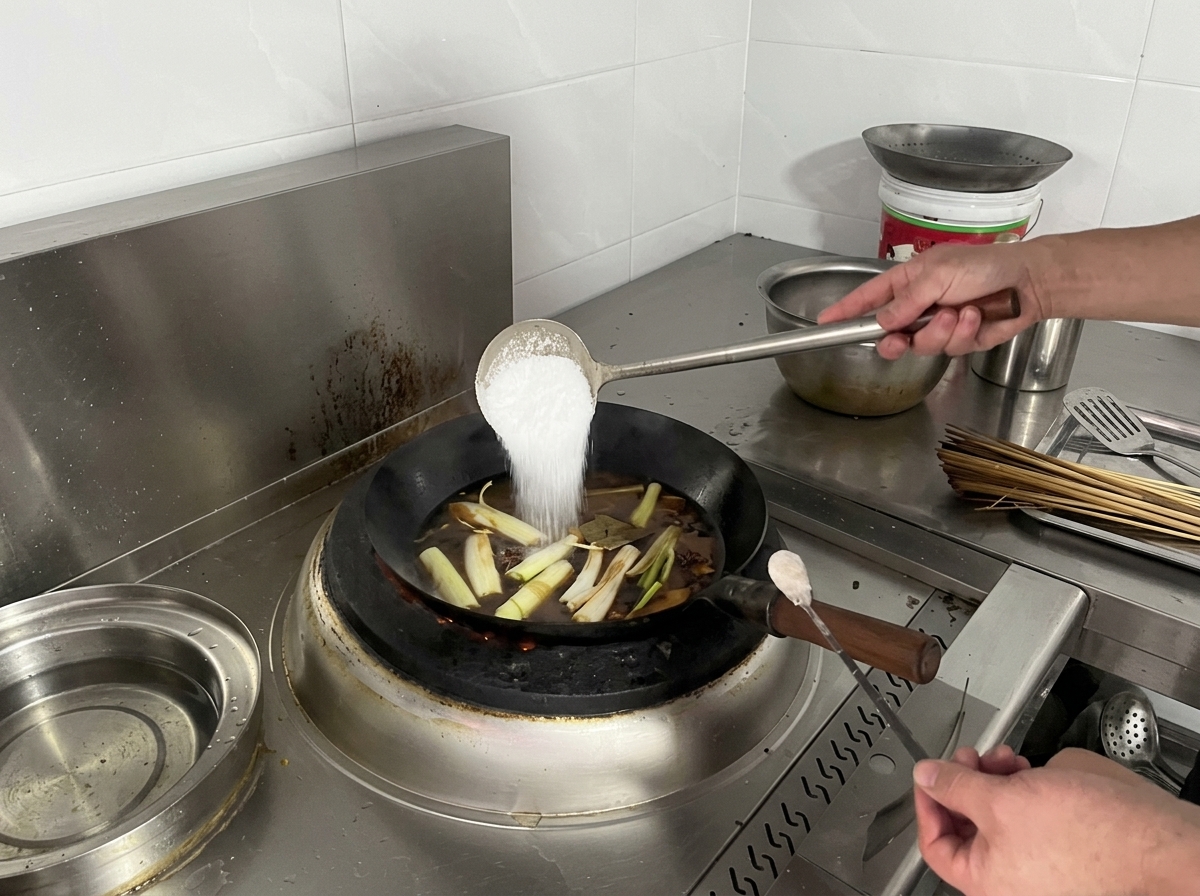 Eine Metallkelle gibt Salz in einen köchelnden Wok mit dunkler Brühe.