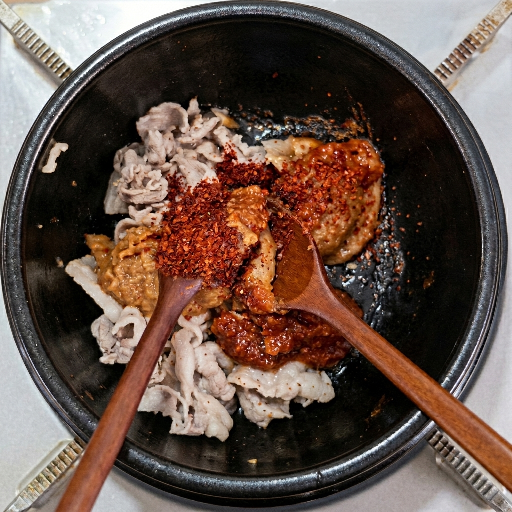 Schweinebauch wird mit Sojabohnenpaste, Ssamjang und rotem Paprikapulver mit Holzlöffeln angebraten.