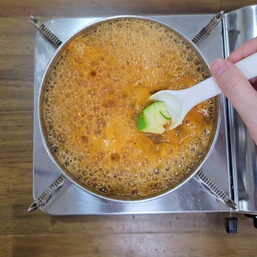 Eine Hand verwendet einen weißen Löffel, um gewürfelte grüne Zucchini in einen Topf mit stark kochendem, orangefarbenem Sojabohnenpasten-Eintopf zu geben.