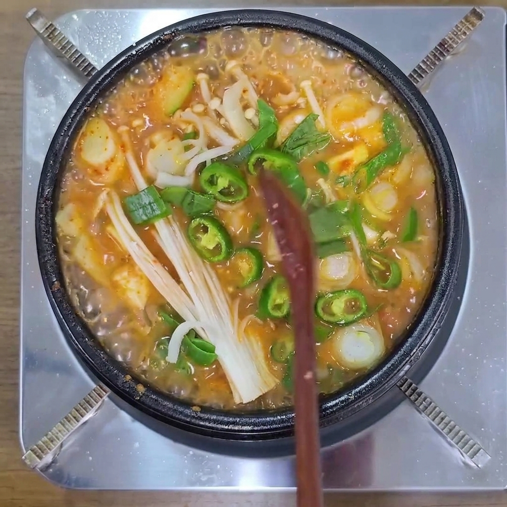 In Ringe geschnittene grüne Chilischoten, Enoki-Pilze und Frühlingszwiebeln köcheln in einem heißen, brodelnden Topf mit koreanischem Sojabohnenpasten-Eintopf.