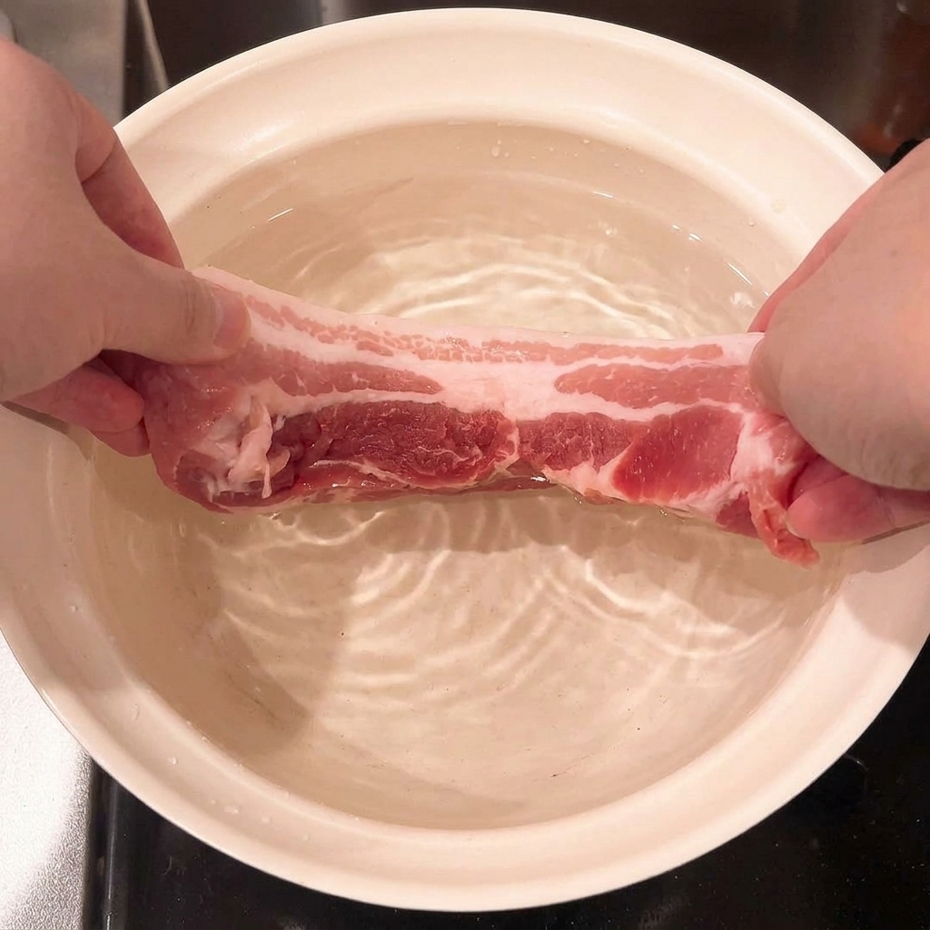 Ein roher Streifen Schweinebauch wird in einen Topf mit kaltem Wasser gelegt.