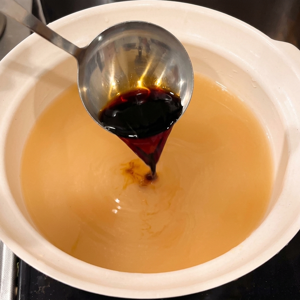 Dunkle Sojasauce wird aus einer Schöpfkelle in die helle Brühe gegossen.