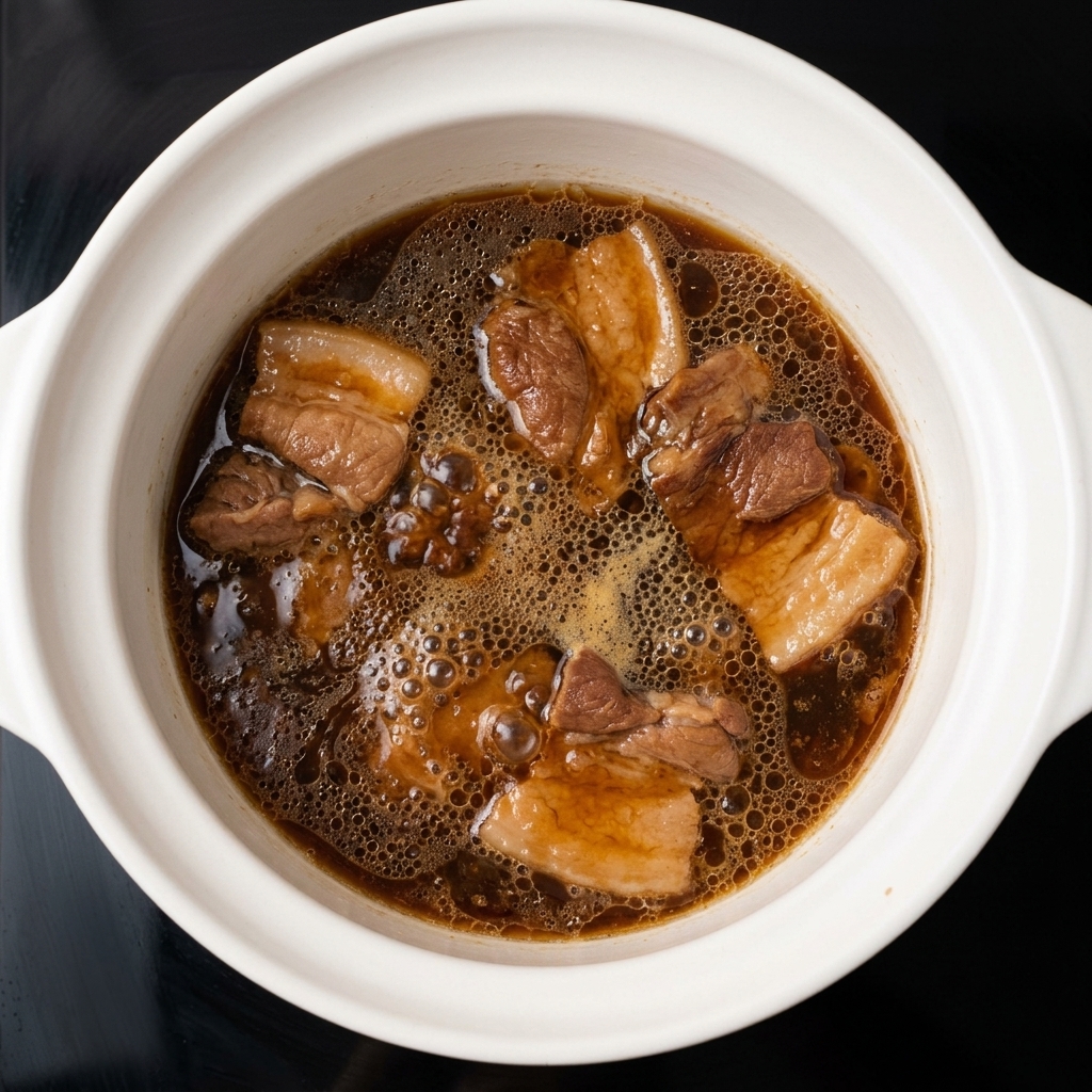 Schweinebauchstücke köcheln ohne Deckel in einer dunklen, sprudelnden Sauce.