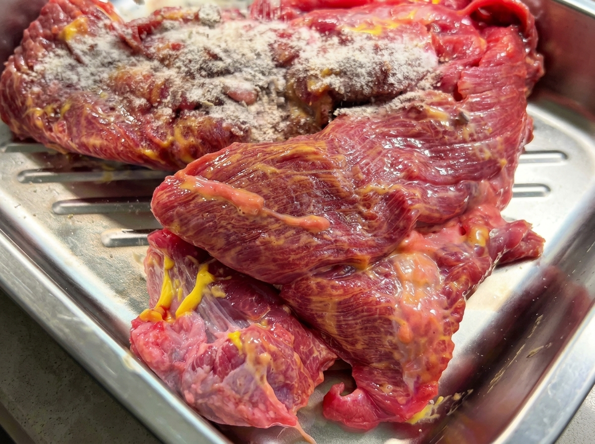 Ein Stück rohe Rinderbrust in einer Edelstahlschale, das mit einer trockenen Gewürzmischung überzogen ist.
