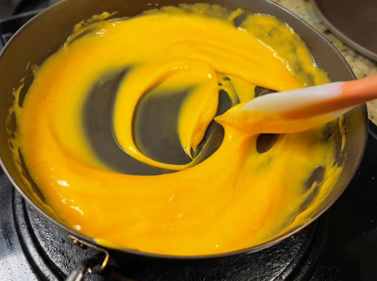 Eine gelbe, cremige Käsesauce wird in einer beschichteten Pfanne mit einem Silikonspatel umgerührt.