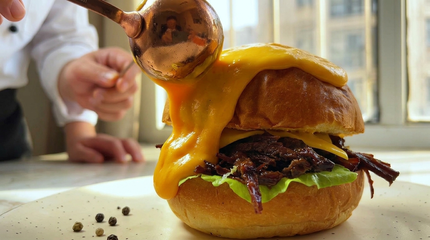 Pulled Beef Burger mit Cheese Lava