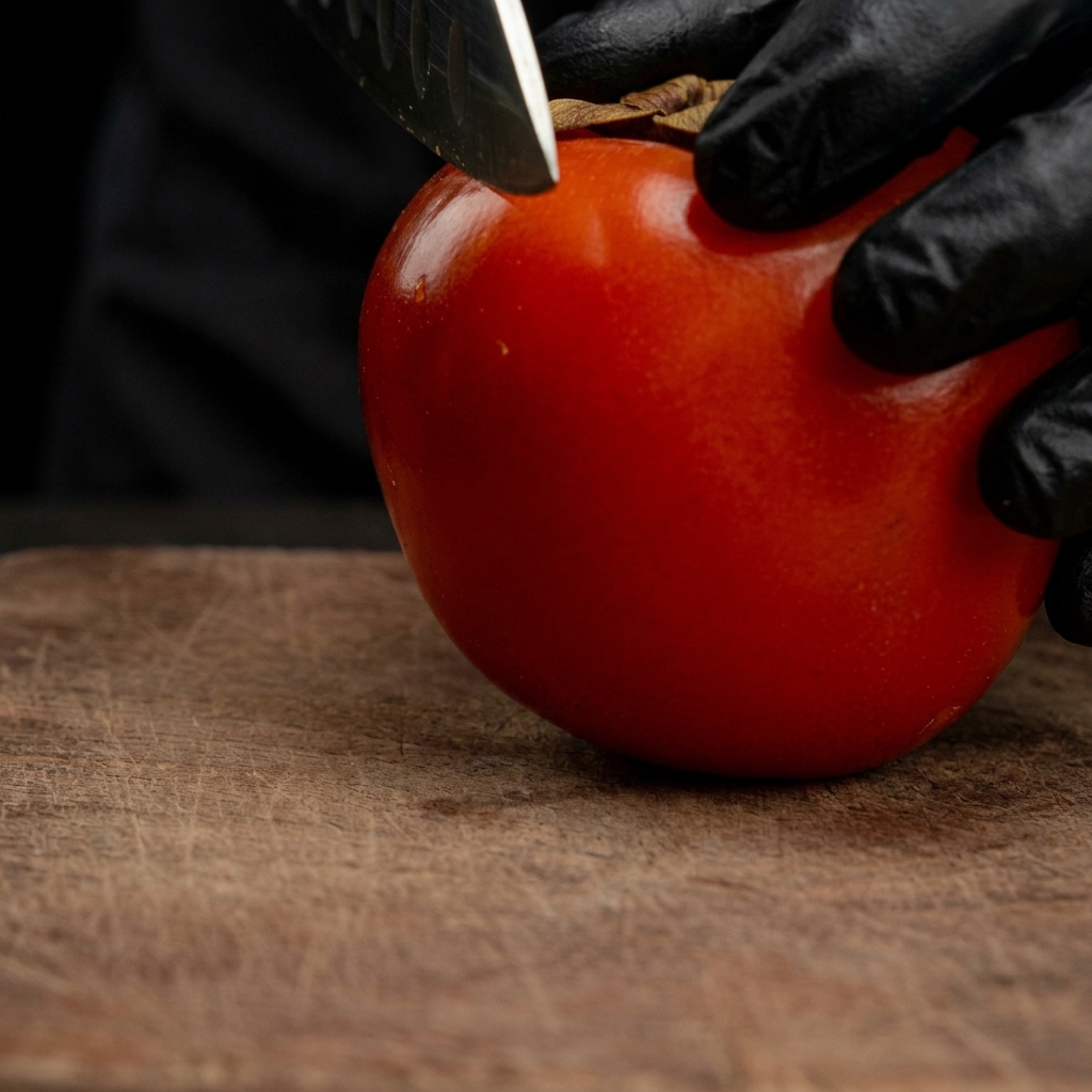 Eine behandschuhte Hand schneidet mit einem scharfen Messer eine leuchtend rote Tomate auf einem Holzbrett in dicke Scheiben.