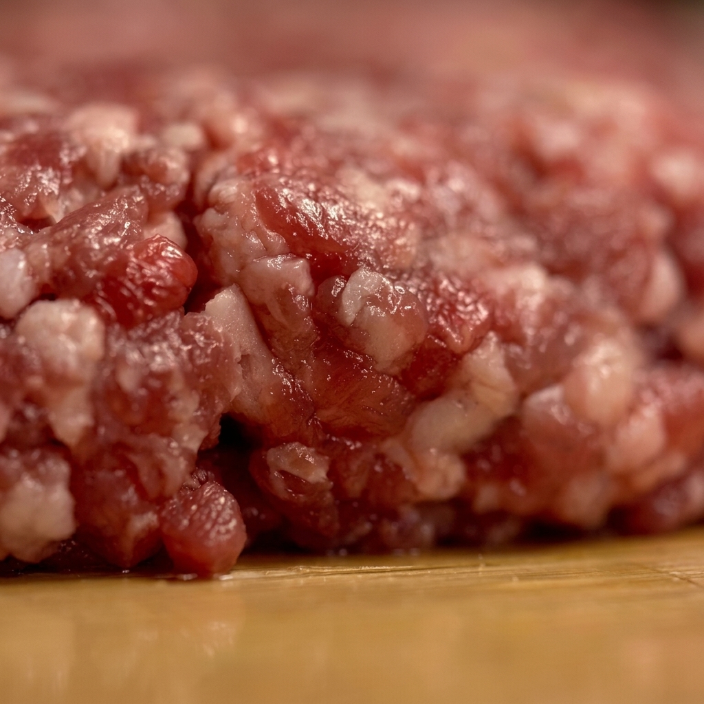 Nahaufnahme von rohem Rinderhackfleisch, das auf einer Holzfläche zu einem dicken, runden Patty geformt wird.