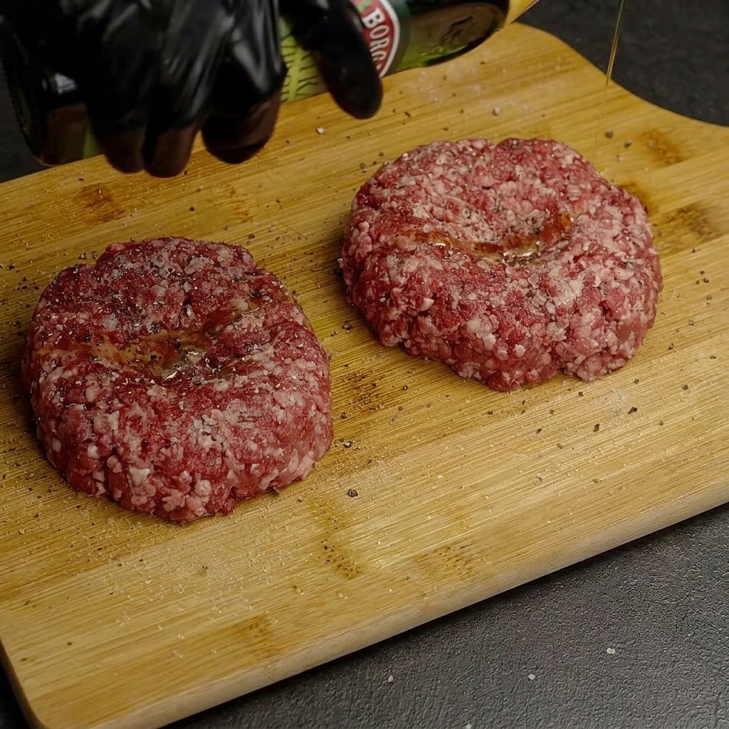 Rohe Fleischpatties auf einem Holzbrett, die mit Salz, Pfeffer und Olivenöl gewürzt werden.