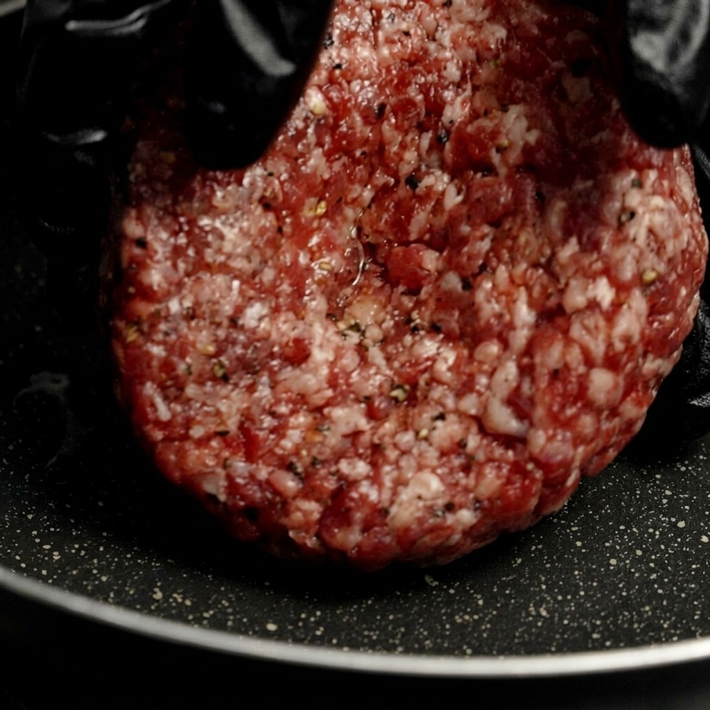 Eine behandschuhte Hand legt vorsichtig ein dickes, gut gewürztes Rindfleisch-Patty in eine heiße, dunkle Bratpfanne.
