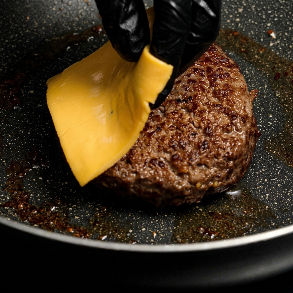 Ein gebratenes Burger-Patty in einer Pfanne, auf das eine Scheibe gelber Käse gelegt wird.