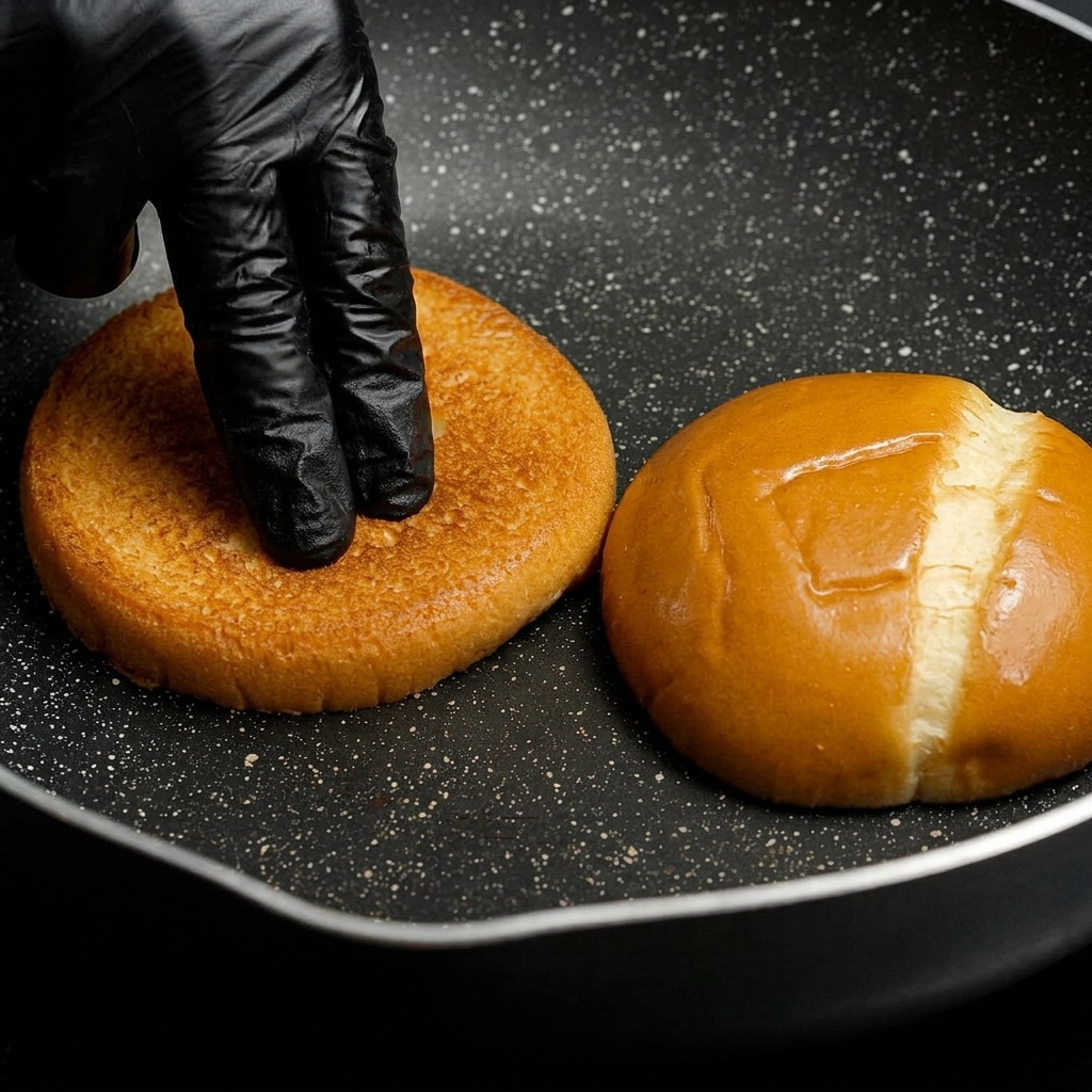 Zwei Hälften eines Burgerbrötchens, die mit der Schnittfläche nach unten in einer heißen Pfanne angeröstet werden.