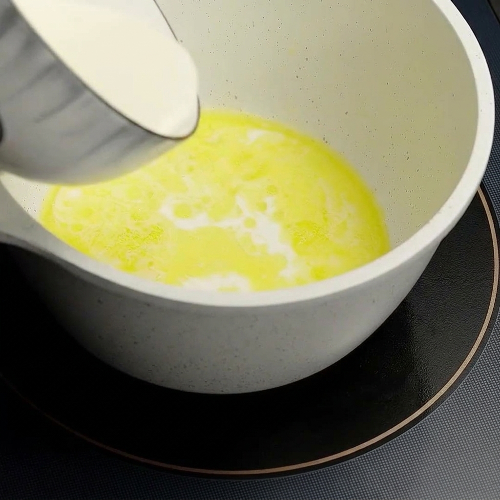 Ein kleiner weißer Topf auf dem Herd mit geschmolzener Butter, in den gerade Milch und Sahne gegossen werden.