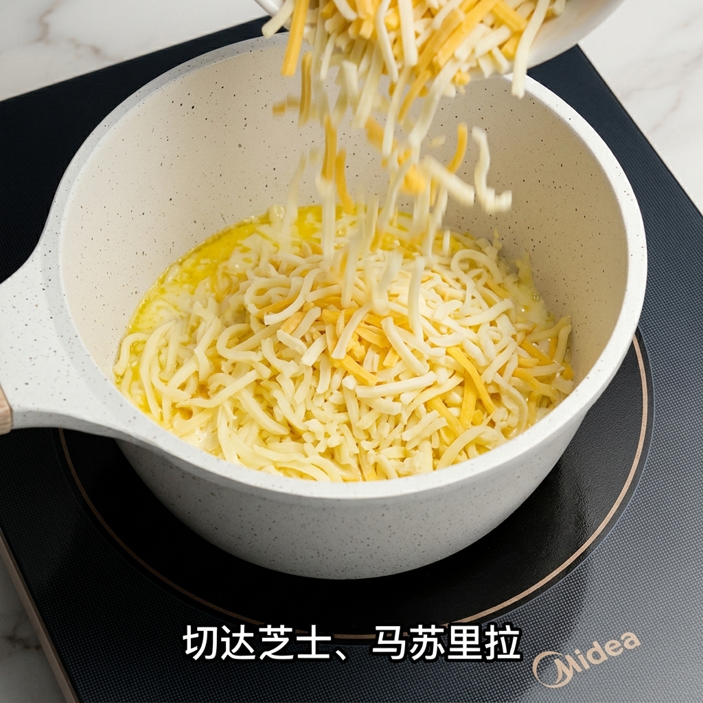Geriebener Mozzarella und Cheddar werden in einen Topf mit einer warmen Sahnebasis gegeben.