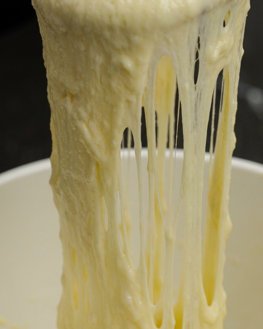 Nahaufnahme einer glatten, dehnbaren Käsesauce, die mit einem Pfannenwender aus einem Topf gehoben wird.