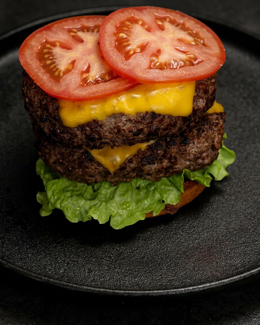 Der fertig geschichtete Burger-Turm mit zwei Rindfleischpatties, geschmolzenem Käse, Salat und Tomatenscheiben.