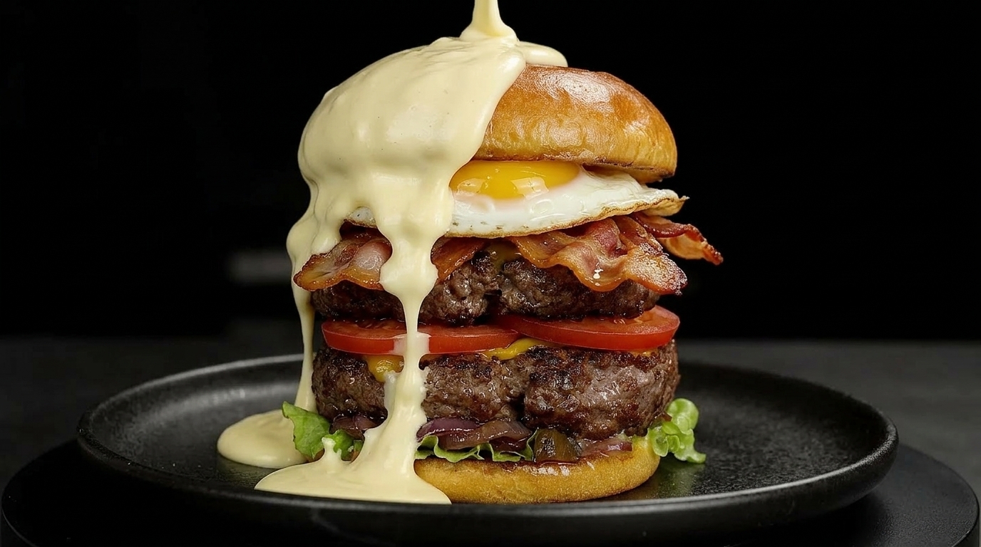 Ein gigantischer Double Cheeseburger, der komplett mit einer dicken, glänzenden und fließenden weißen Käsesauce überzogen ist.