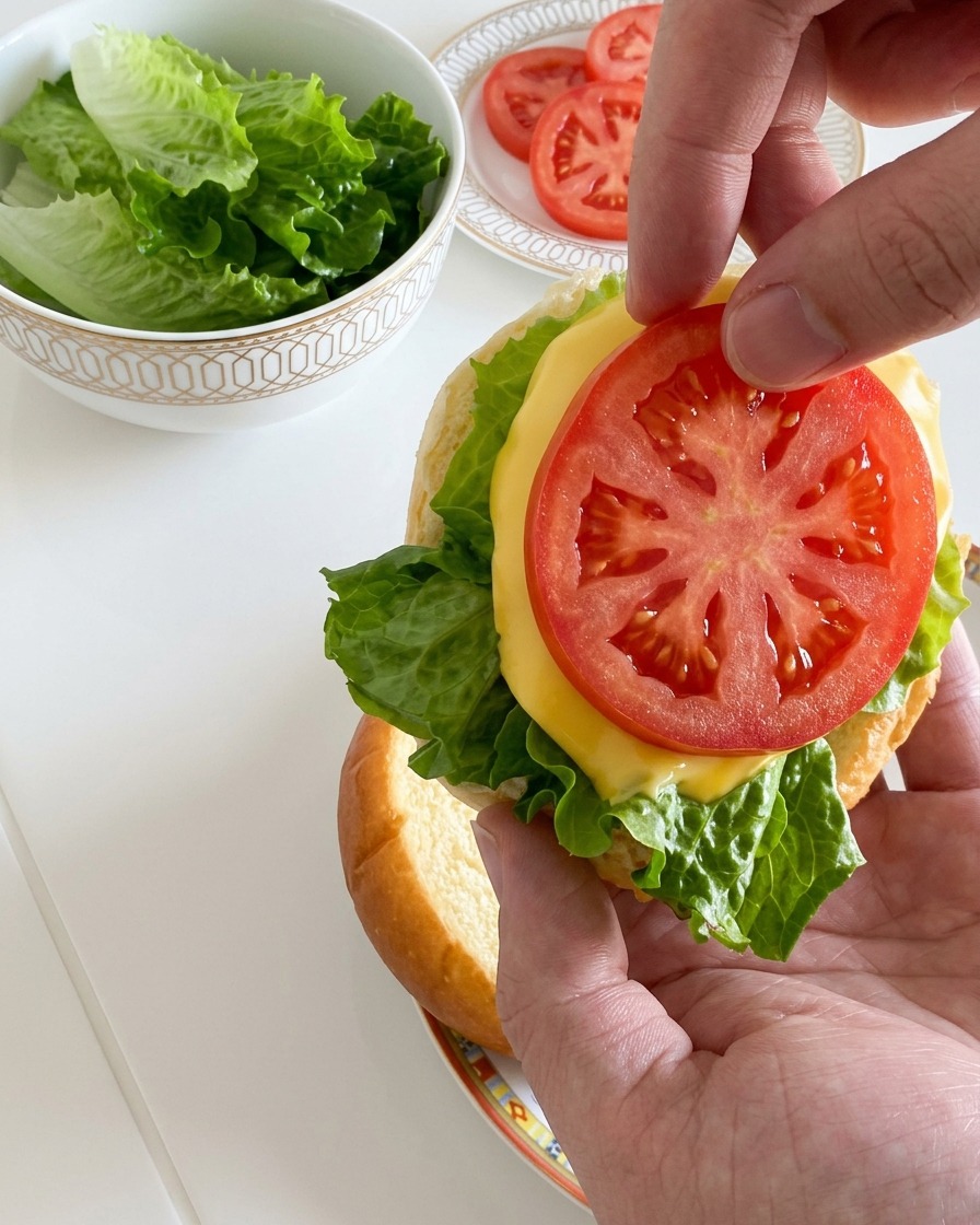 Eine Hand legt eine leuchtend rote Tomatenscheibe auf die geschmolzene Käseschicht des Burgers.