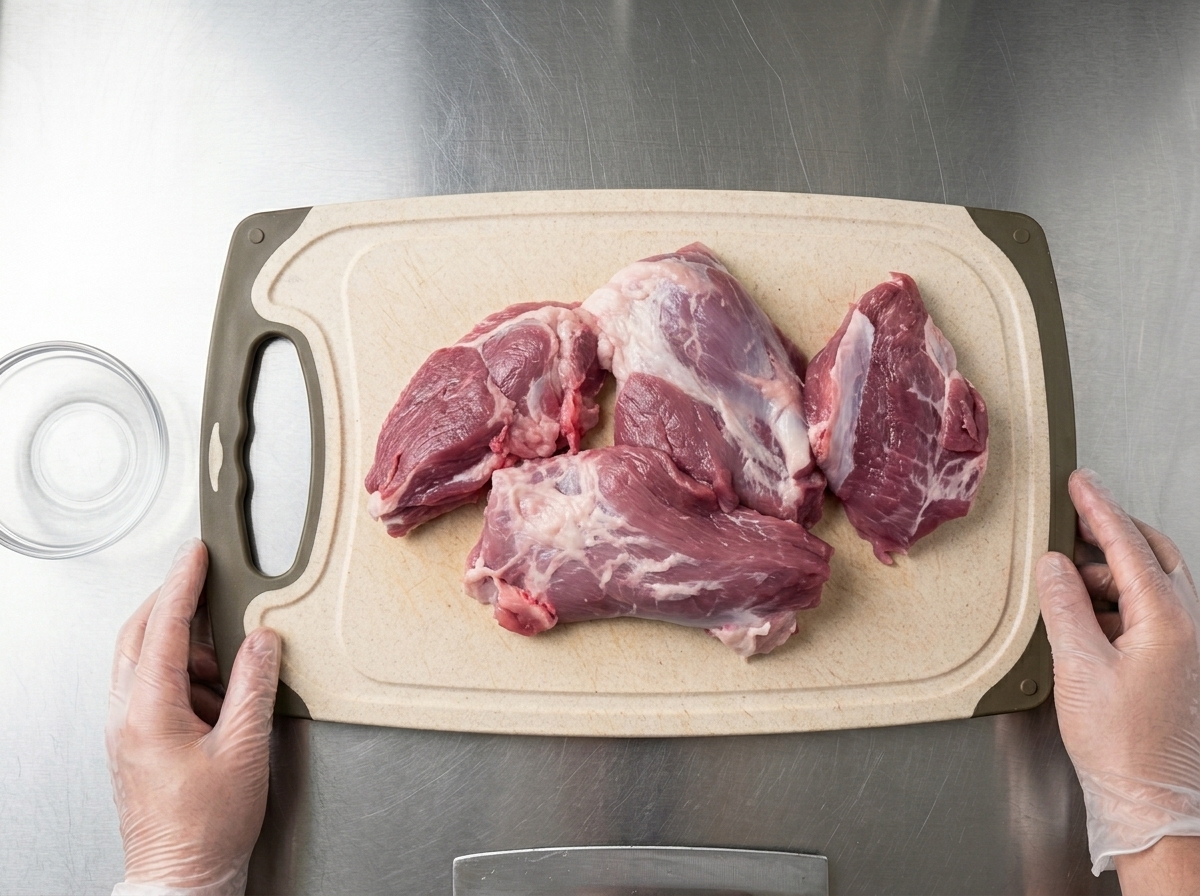 Hände schneiden mit einem Kochmesser rohes Schweinefleisch auf einem hellen Schneidebrett in kleine Stücke.