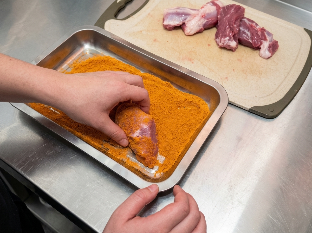 Eine Hand drückt ein rohes Schweinefleischstück in eine Metallschale mit hellorangem Cajun-Gewürz.