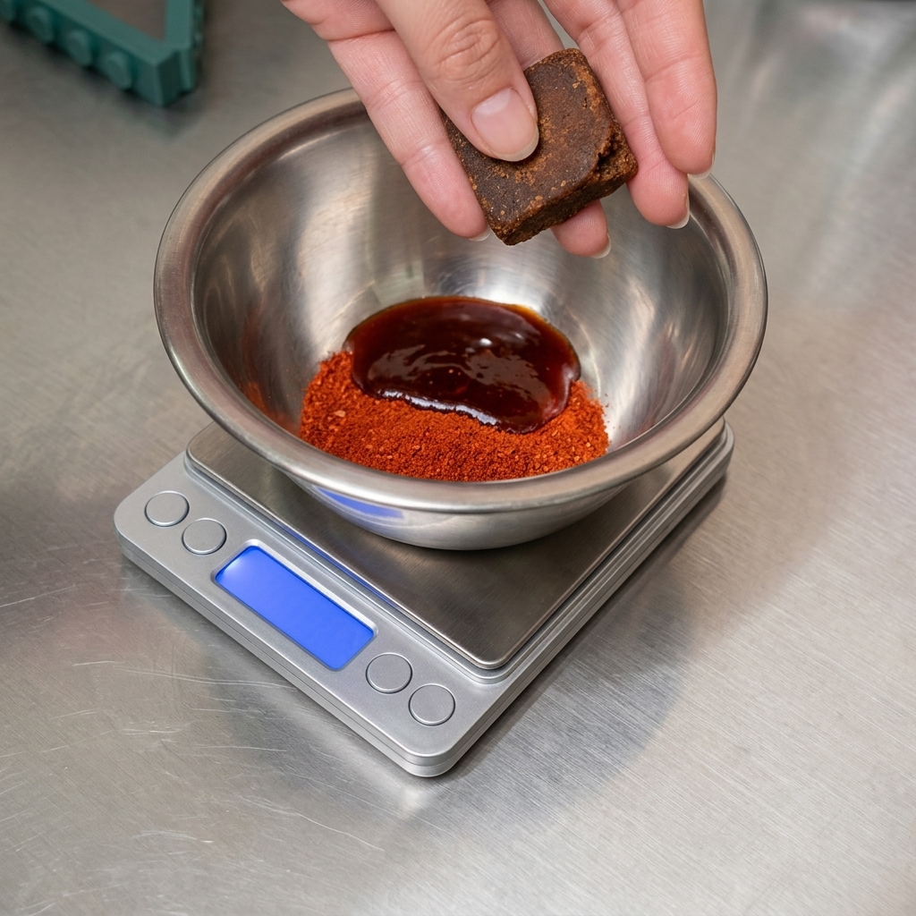 Eine Metallschale auf einer digitalen Waage mit Chilipulver, dunkler Sauce und braunem Zucker.