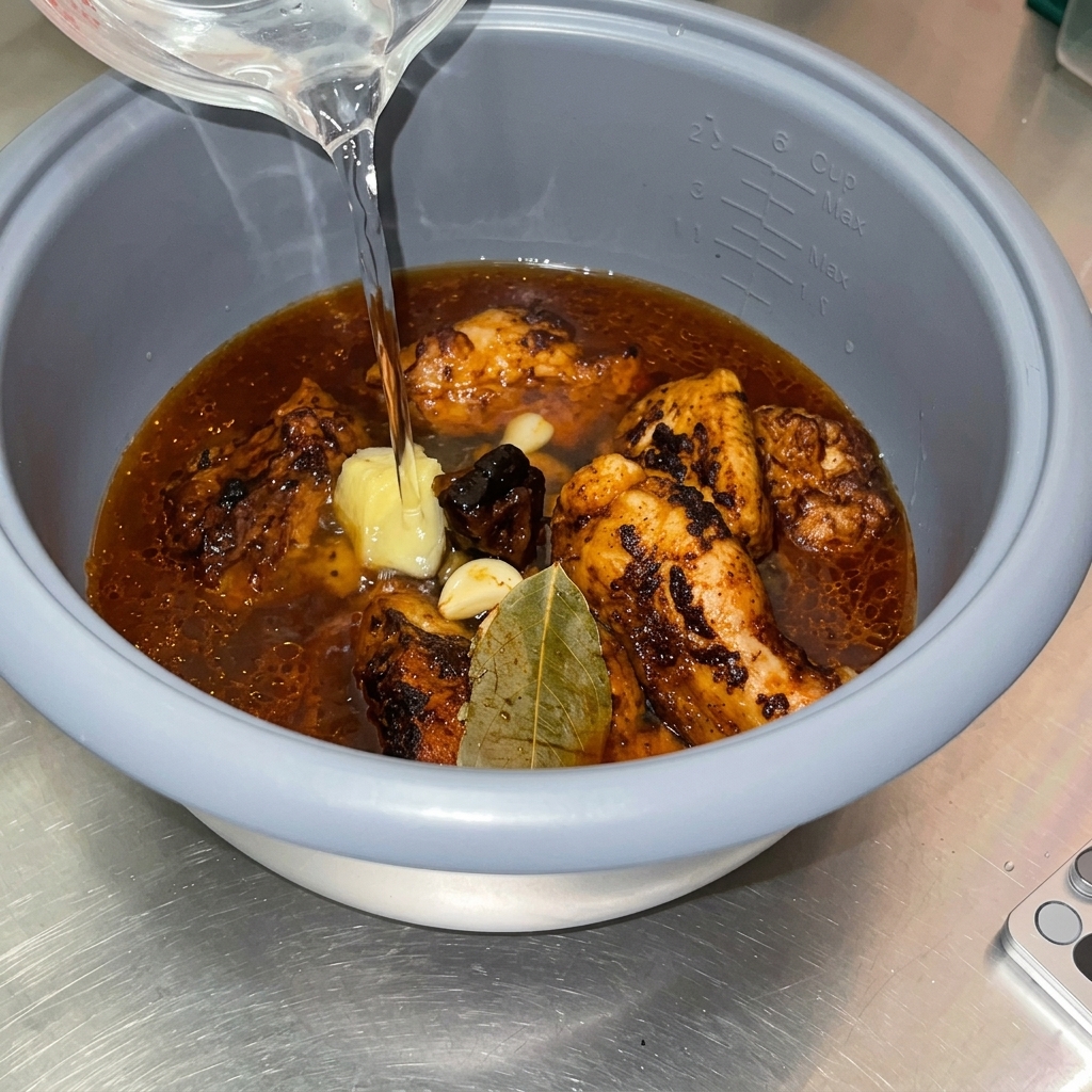 Klares Wasser wird aus einem Messbecher in den Reiskocher mit Fleisch und Saucenbasis gegossen.