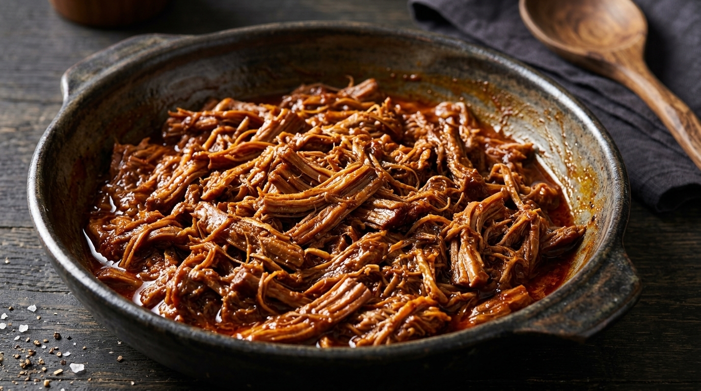 Saftiges, zart gezupftes Pulled Pork, glänzend in einer herzhaft gewürzten rot-braunen Sauce.