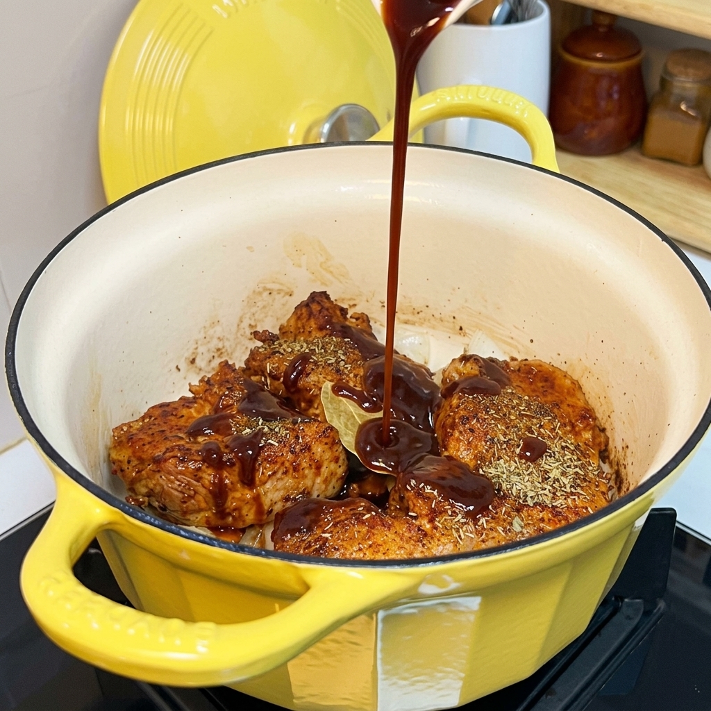 BBQ-Sauce wird aus einer Flasche direkt in den Topf auf das Fleisch und die Zwiebeln gegossen.