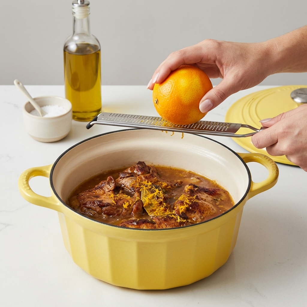 Jemand reibt mit einer Küchenreibe frischen Orangenabrieb über den schmorenden Topfinhalt.