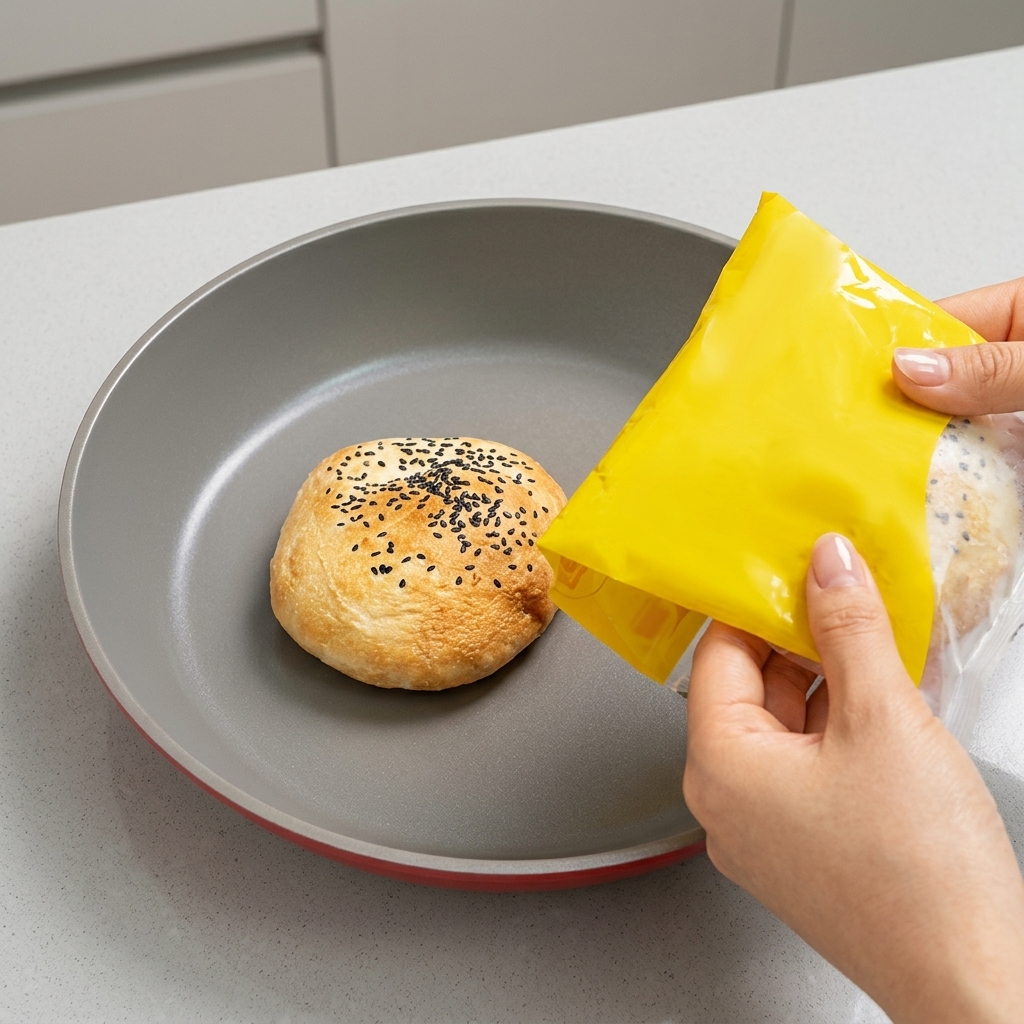 Drei mit schwarzem Sesam bestreute Brötchen werden in der Pfanne goldbraun getoastet.