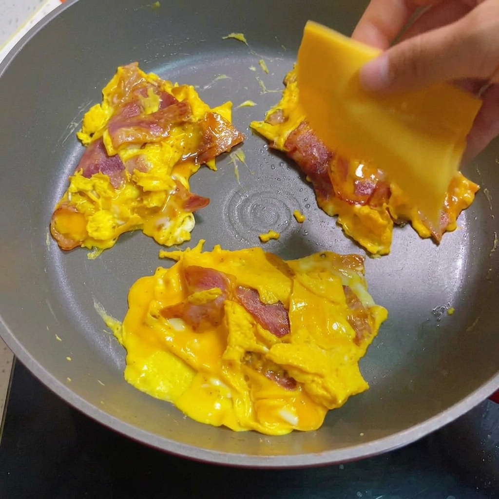 Rührei mit Speck in einer Pfanne, belegt mit schmelzendem Käse.